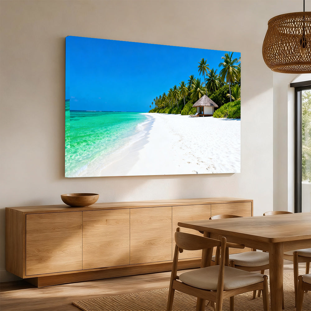 Palm Beach Shelter canvas wall art, angled mockup above a sideboard.