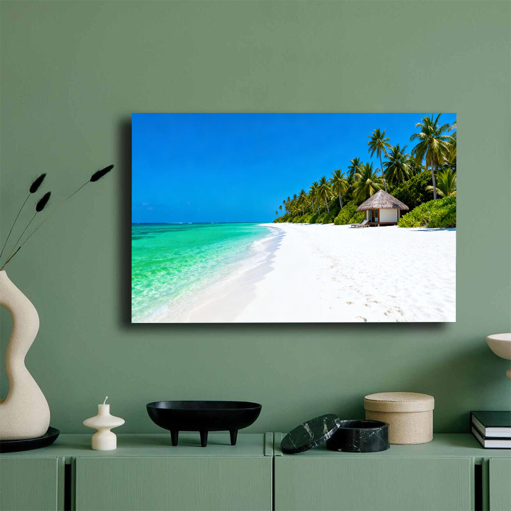 Palm Beach Shelter canvas wall art, mockup on a green wall.