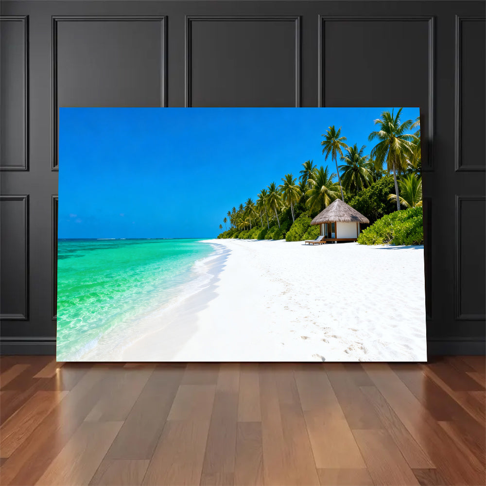 Palm Beach Shelter canvas wall art, floor display against a dark wall.