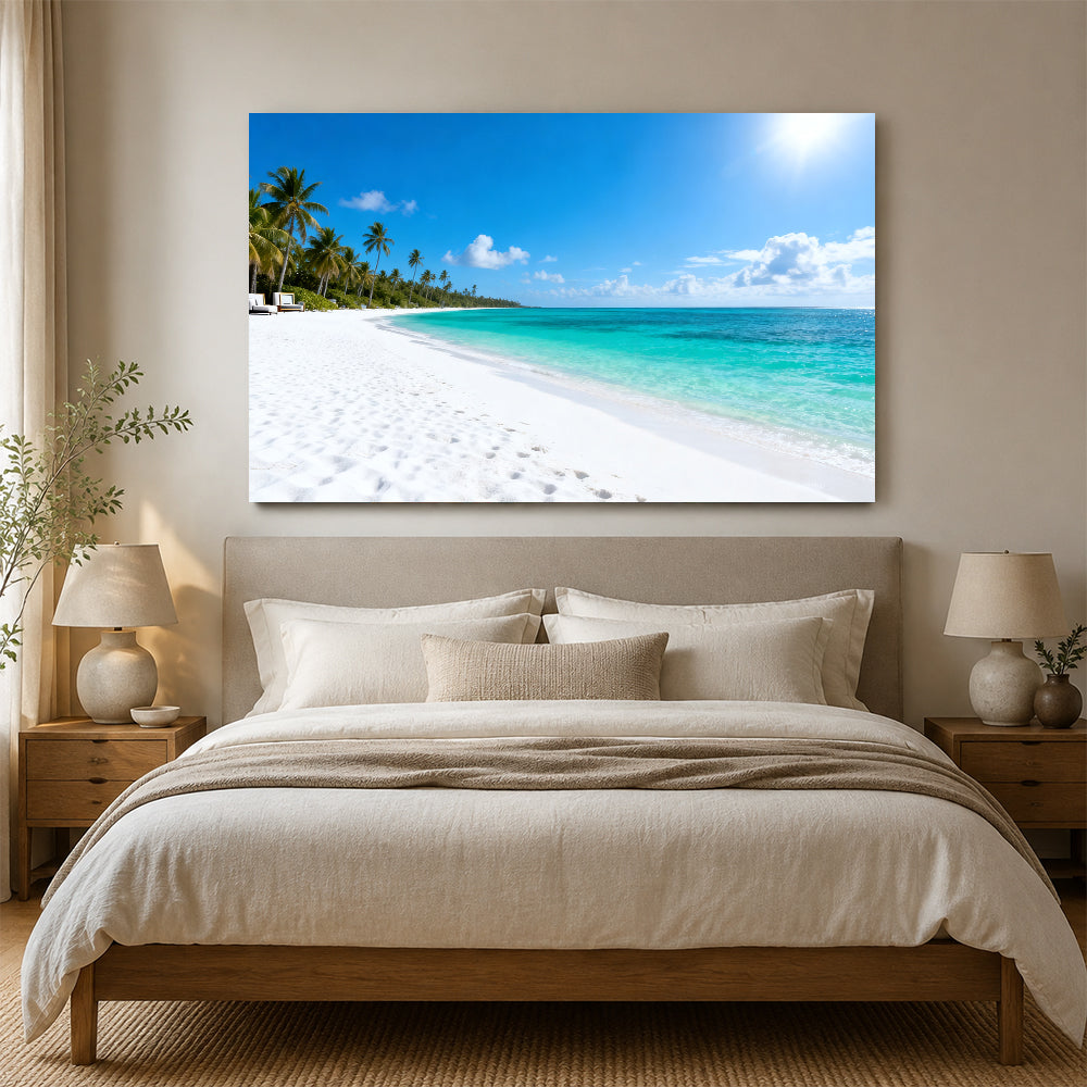 Endless Tropical Strand canvas wall art, bedroom mockup above a bed.
