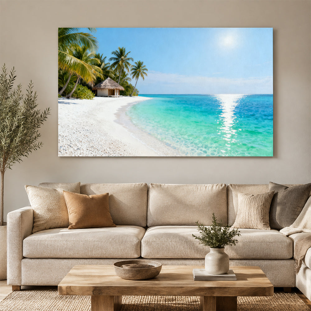 Quiet Lagoon Retreat canvas wall art, living room mockup above a sofa.
