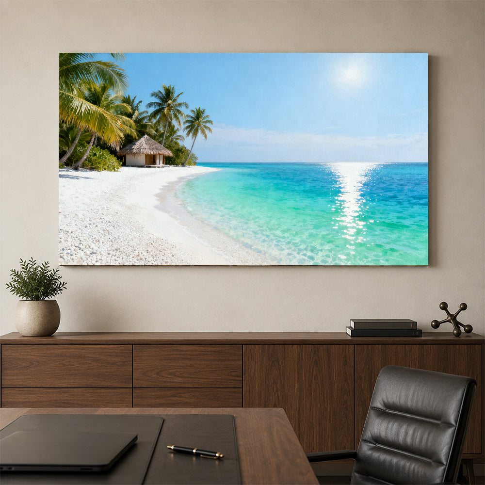 Quiet Lagoon Retreat canvas wall art, office mockup above a desk.
