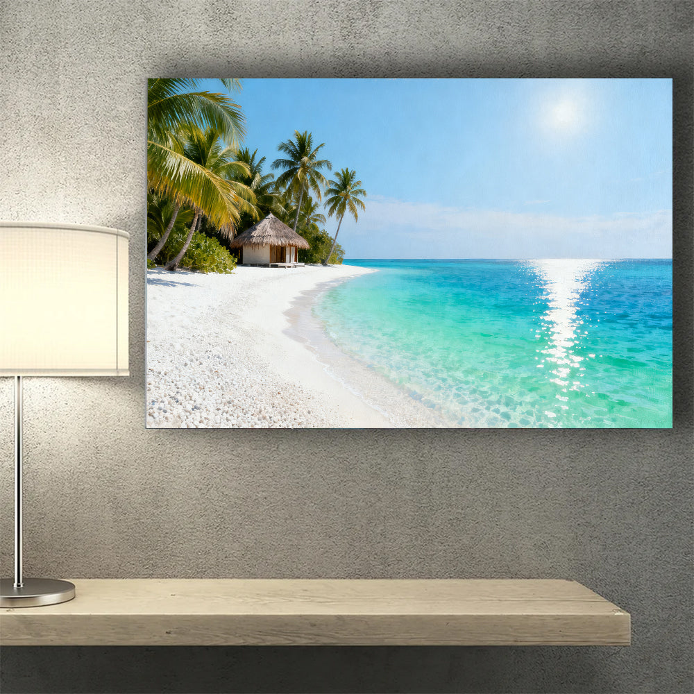 Quiet Lagoon Retreat canvas wall art, wall mockup above a console.