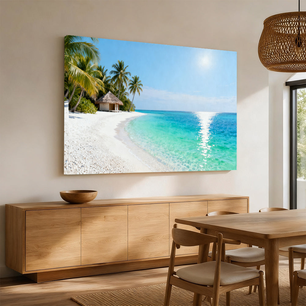 Quiet Lagoon Retreat canvas wall art, angled mockup above a sideboard.