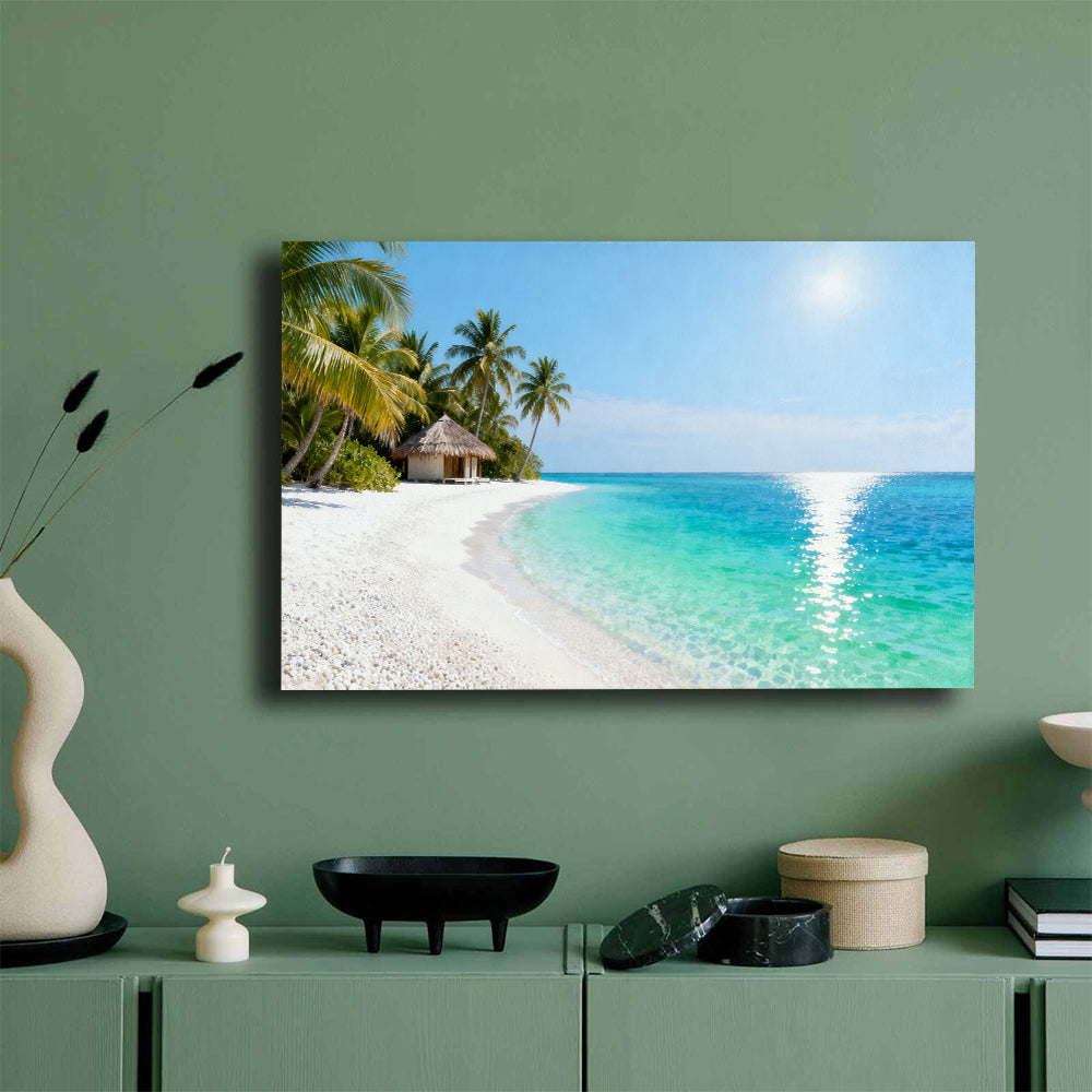 Quiet Lagoon Retreat canvas wall art, mockup on a green wall.