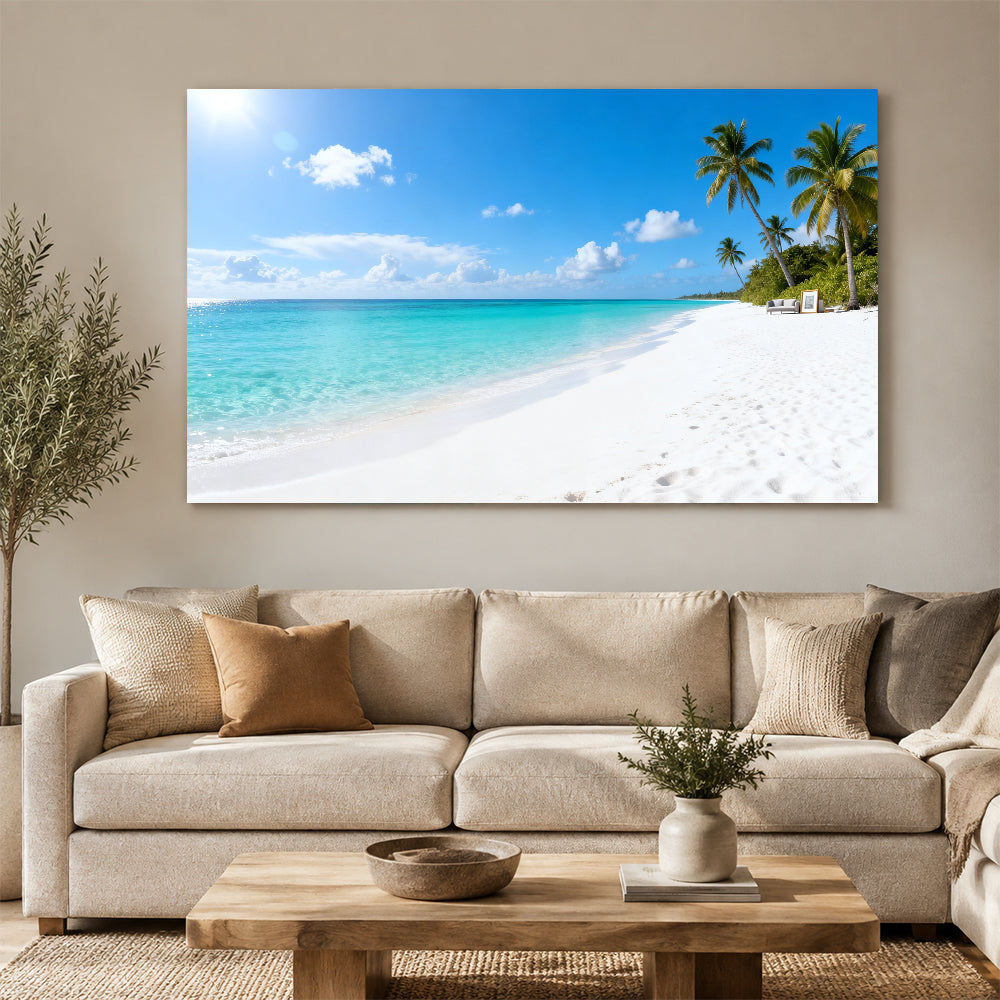 Cloud Dotted Palm Coast canvas wall art, living room mockup above a sofa.