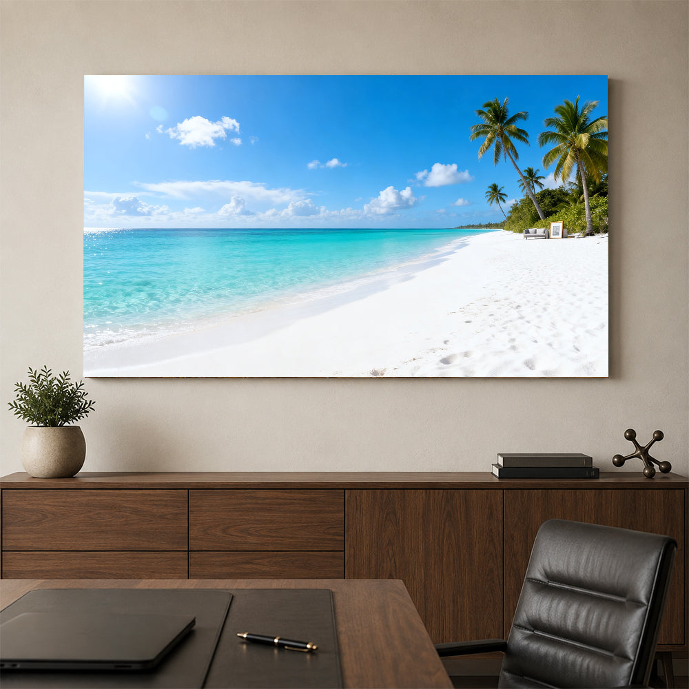 Cloud Dotted Palm Coast canvas wall art, office mockup above a desk.