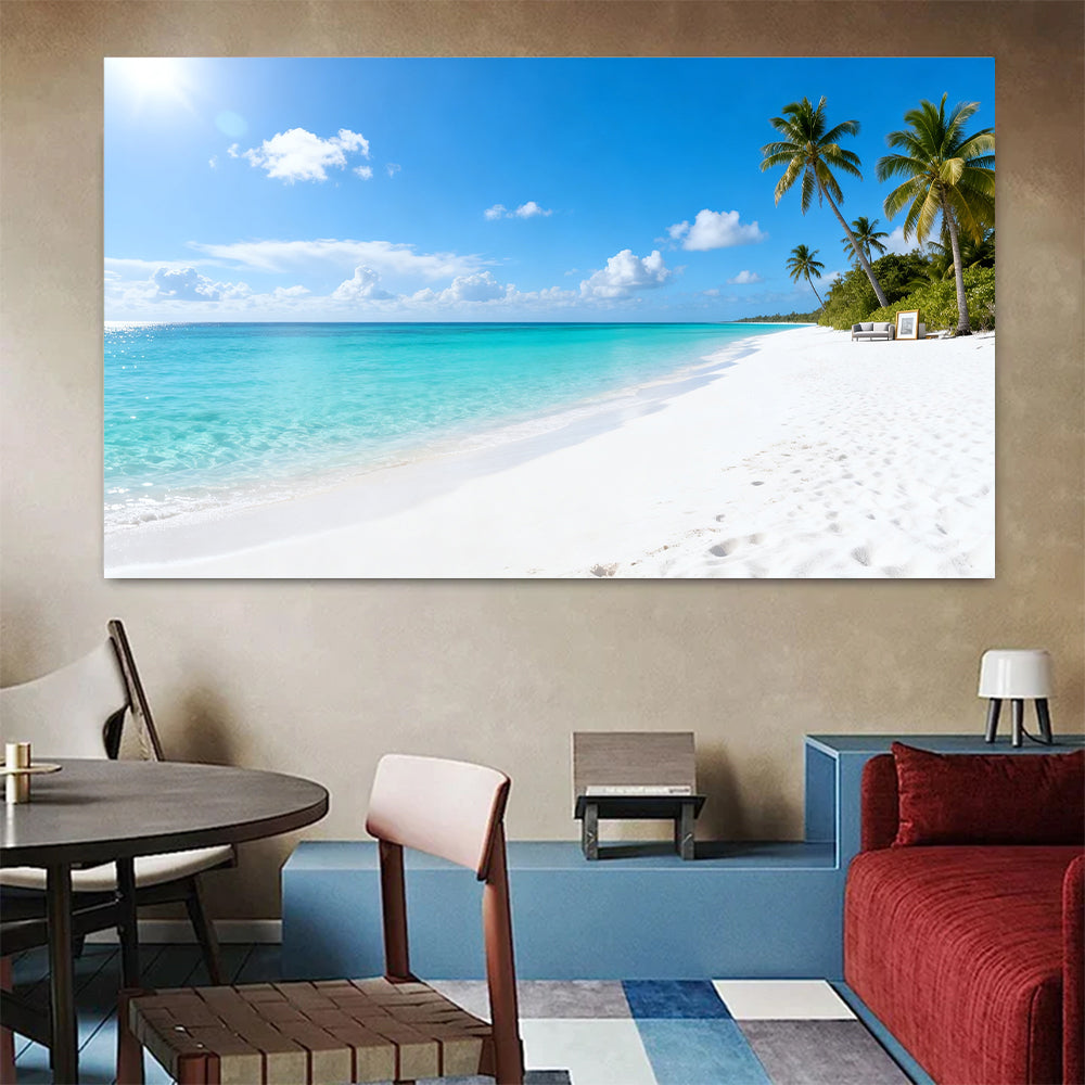 Cloud Dotted Palm Coast canvas wall art, colorful room mockup.