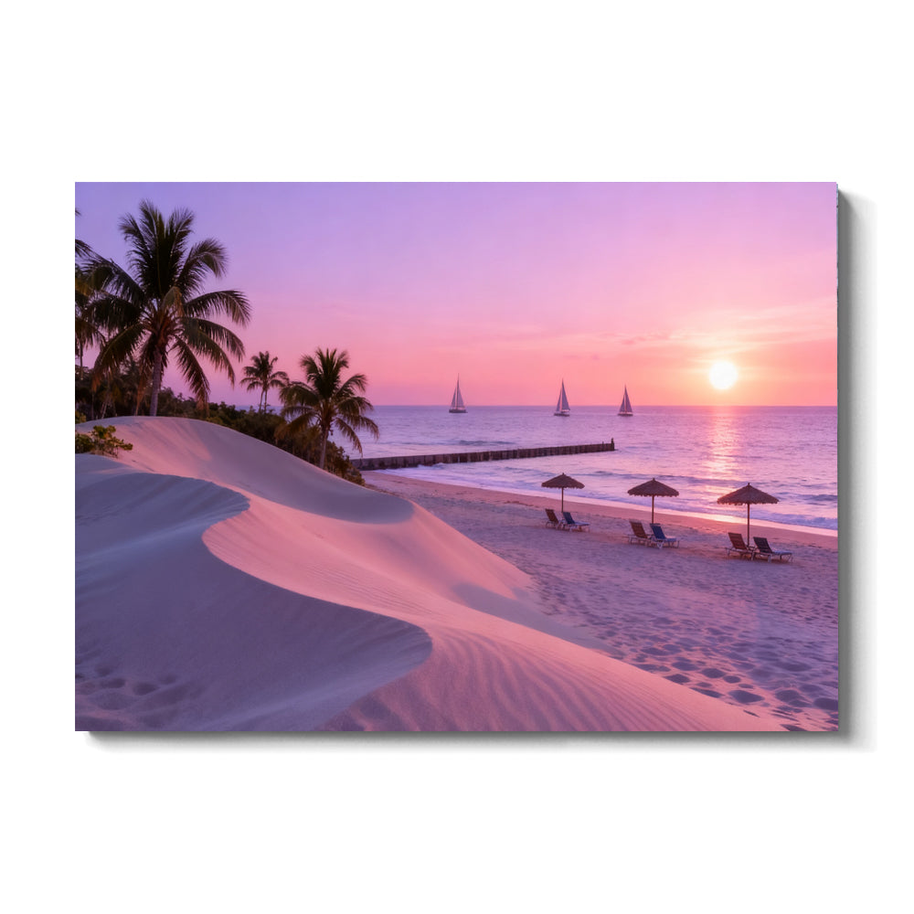 Lilac Beach Evening canvas wall art, front view on a white background.