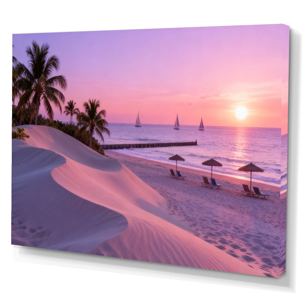 Lilac Beach Evening canvas wall art, angled canvas mockup on a white background.