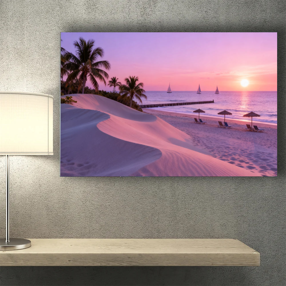 Lilac Beach Evening canvas wall art, wall mockup above a console.