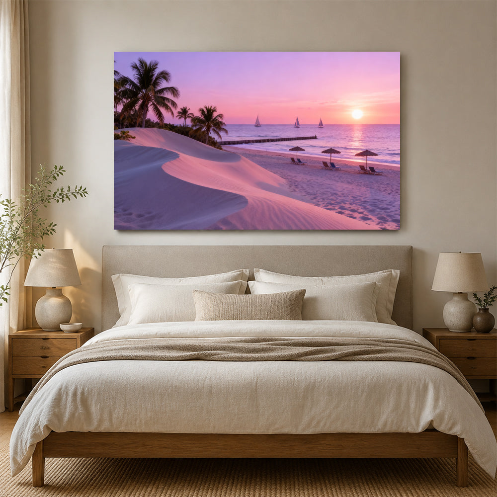 Lilac Beach Evening canvas wall art, bedroom mockup above a bed.