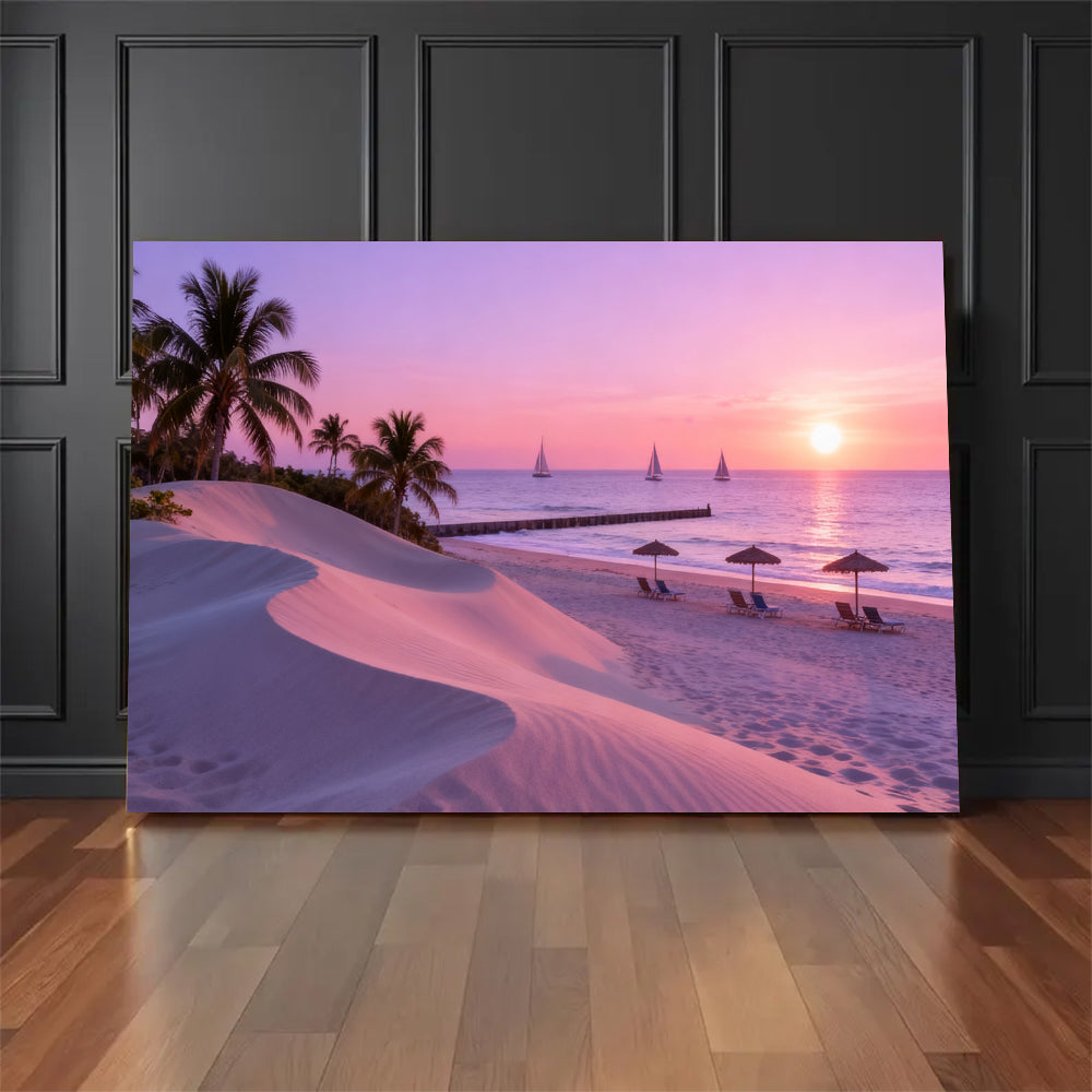Lilac Beach Evening canvas wall art, floor display against a dark wall.