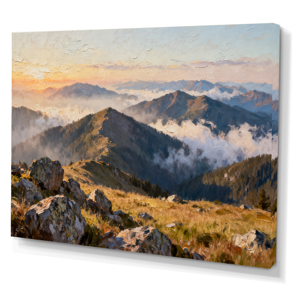 Morning Ridge Mist canvas wall art, angled canvas mockup on a white background.