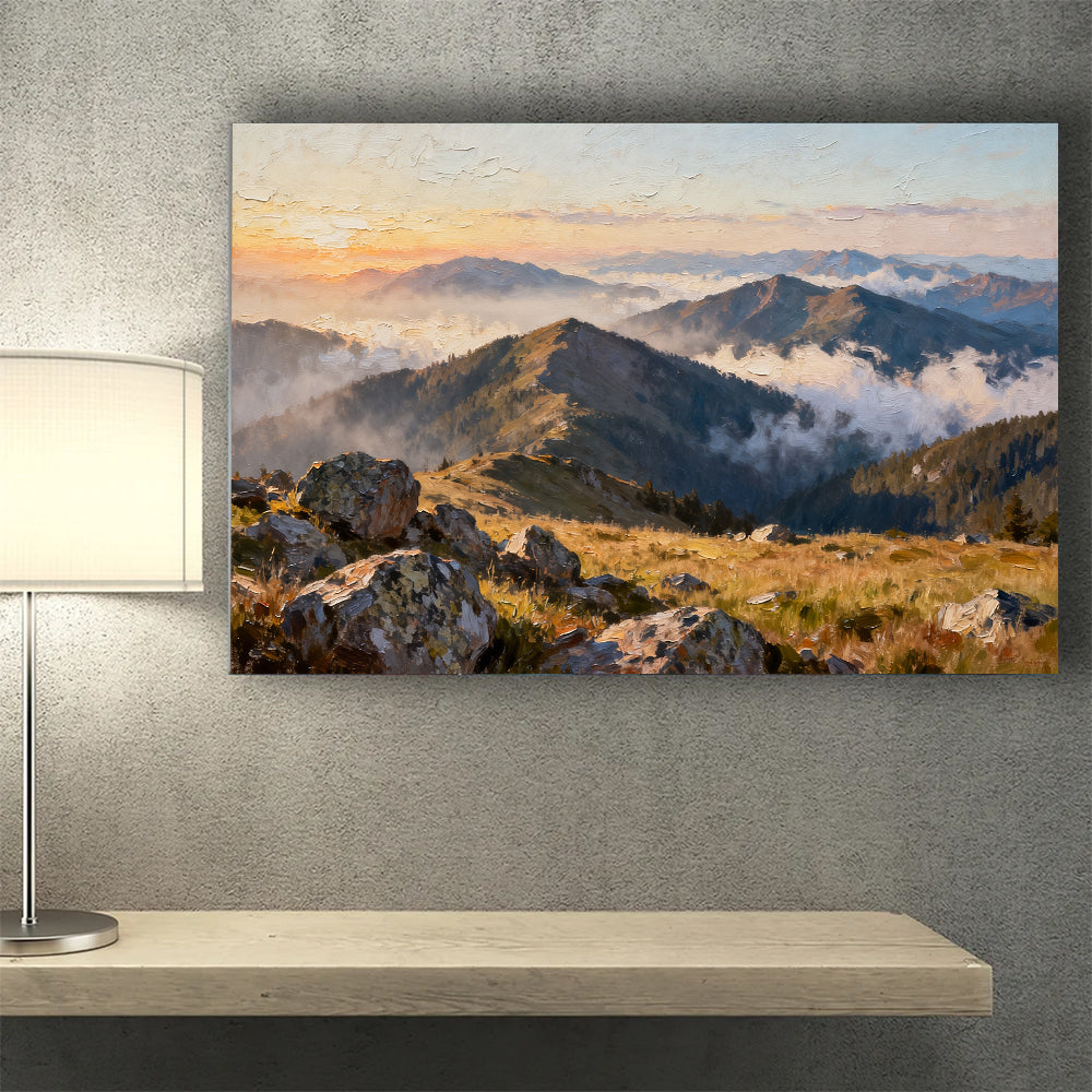 Morning Ridge Mist canvas wall art, wall mockup above a console.