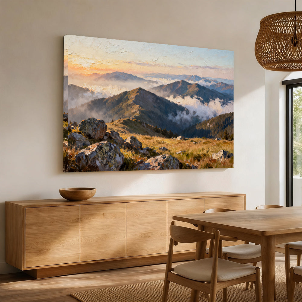 Morning Ridge Mist canvas wall art, angled mockup above a sideboard.