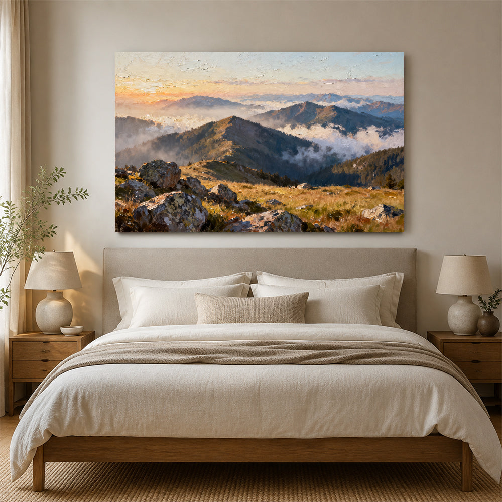 Morning Ridge Mist canvas wall art, bedroom mockup above a bed.