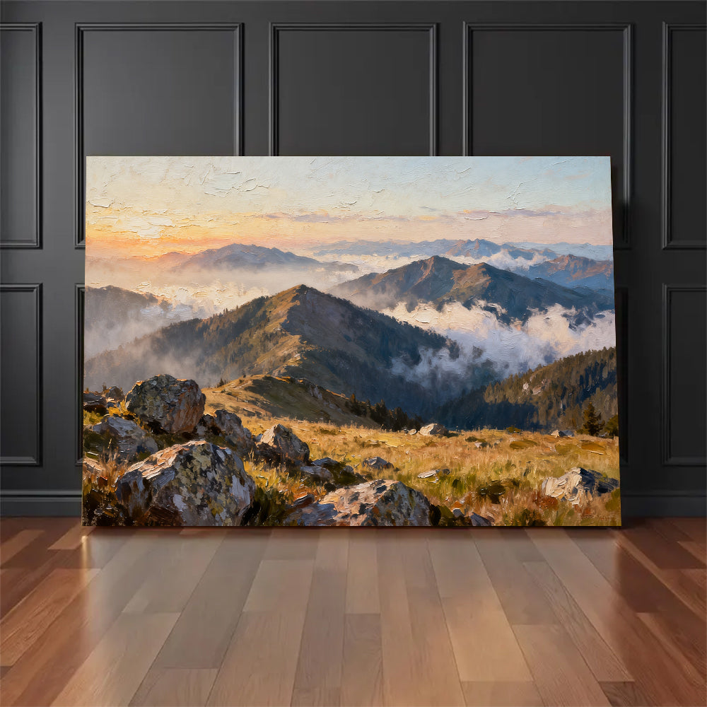 Morning Ridge Mist canvas wall art, floor display against a dark wall.