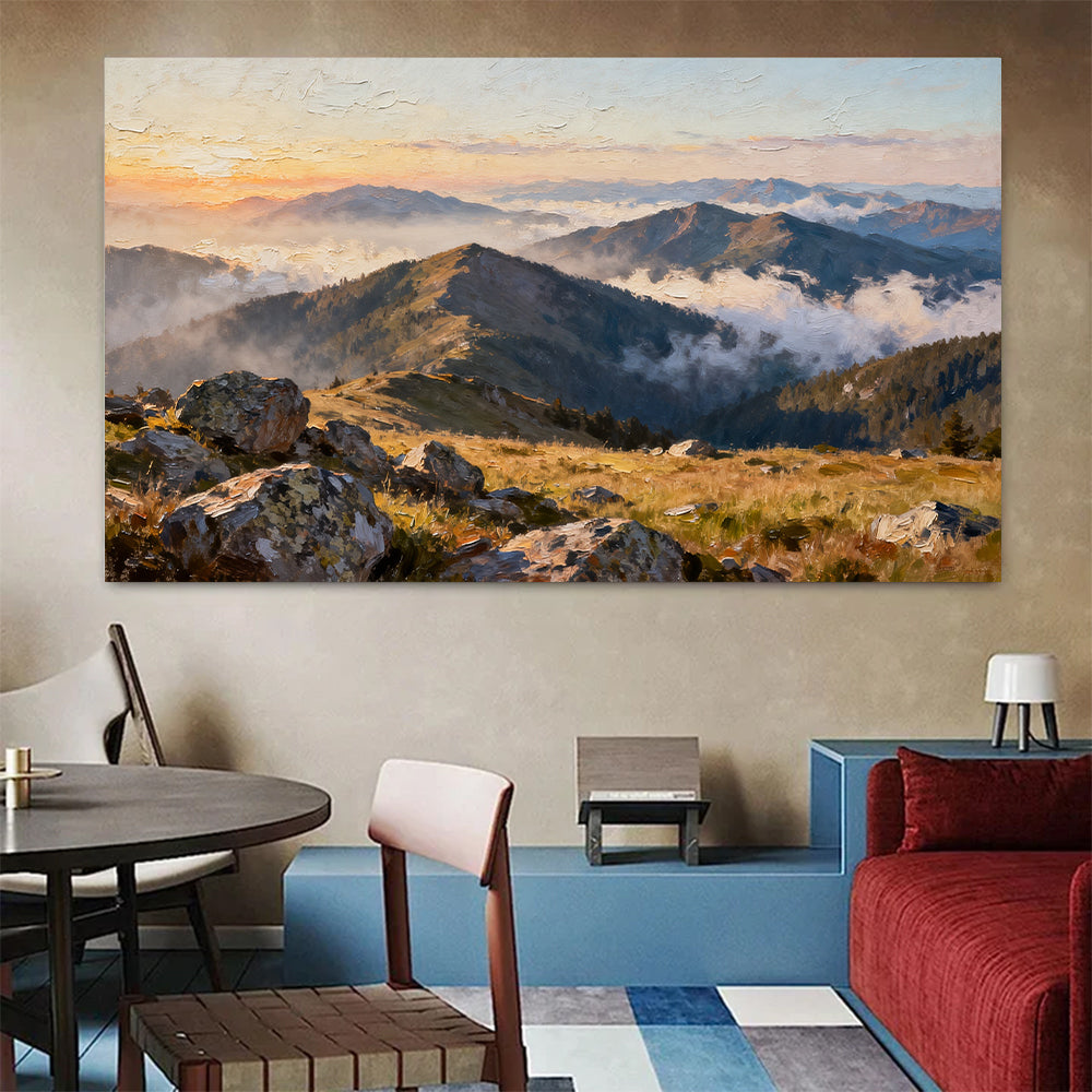 Morning Ridge Mist canvas wall art, colorful room mockup.