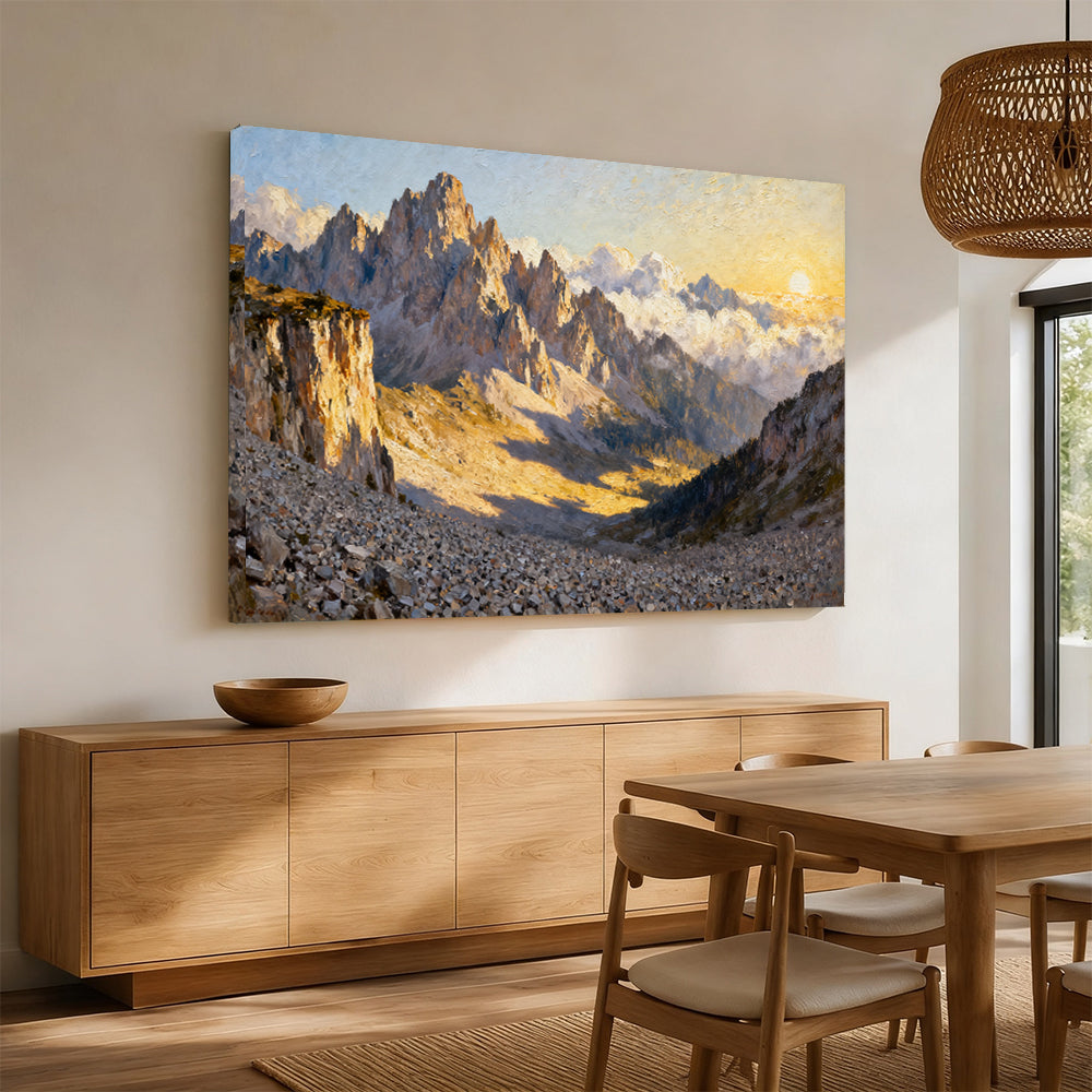 Sunlit Granite Spires canvas wall art, angled mockup above a sideboard.