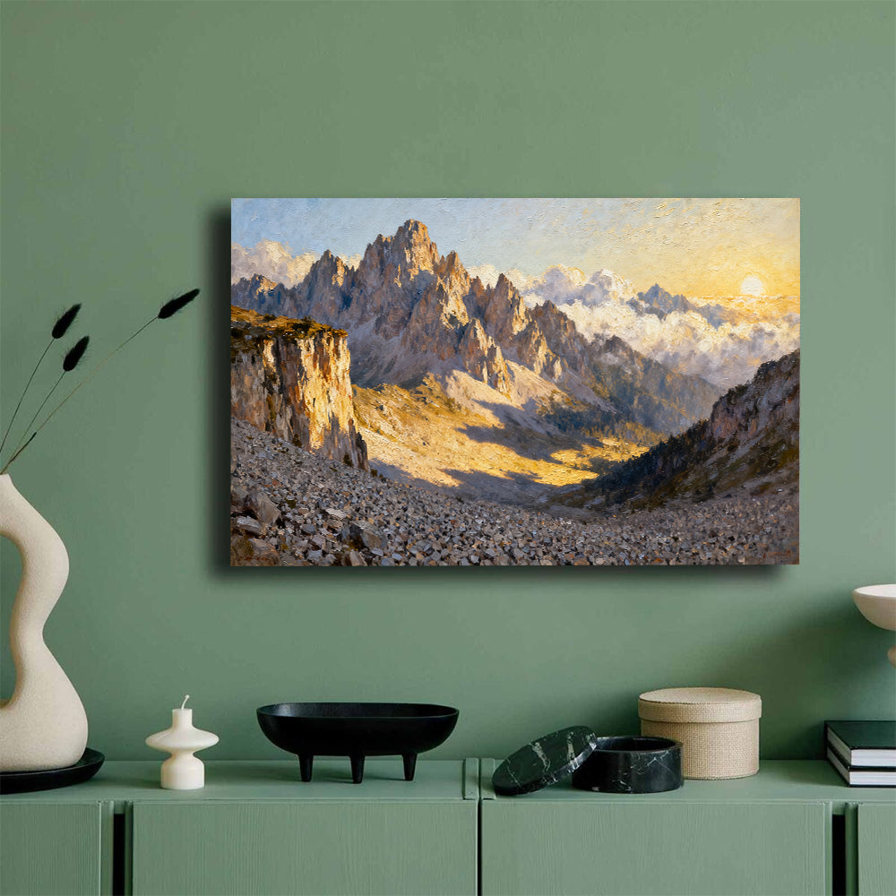 Sunlit Granite Spires canvas wall art, mockup on a green wall.