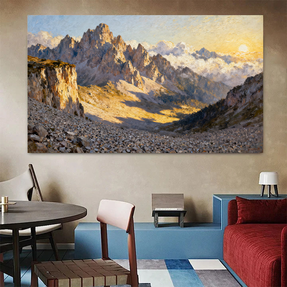 Sunlit Granite Spires canvas wall art, colorful room mockup.