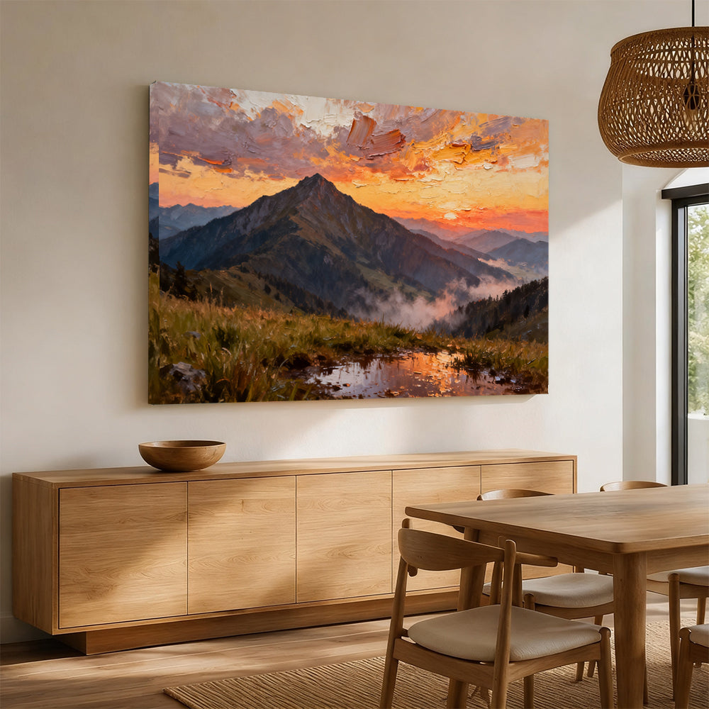 Crimson Mountain Reflection canvas wall art, angled mockup above a sideboard.