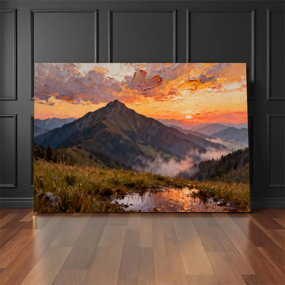 Crimson Mountain Reflection canvas wall art, floor display against a dark wall.