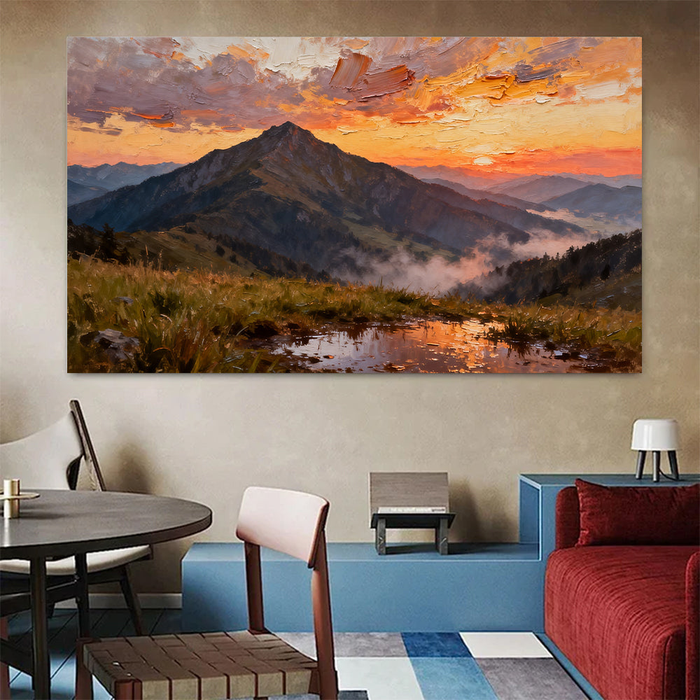 Crimson Mountain Reflection canvas wall art, colorful room mockup.