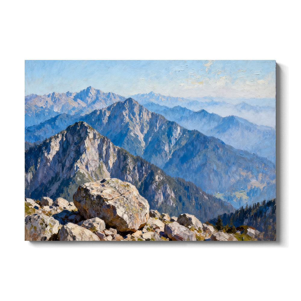 Blue Alpine Ridges canvas wall art, front view on a white background.