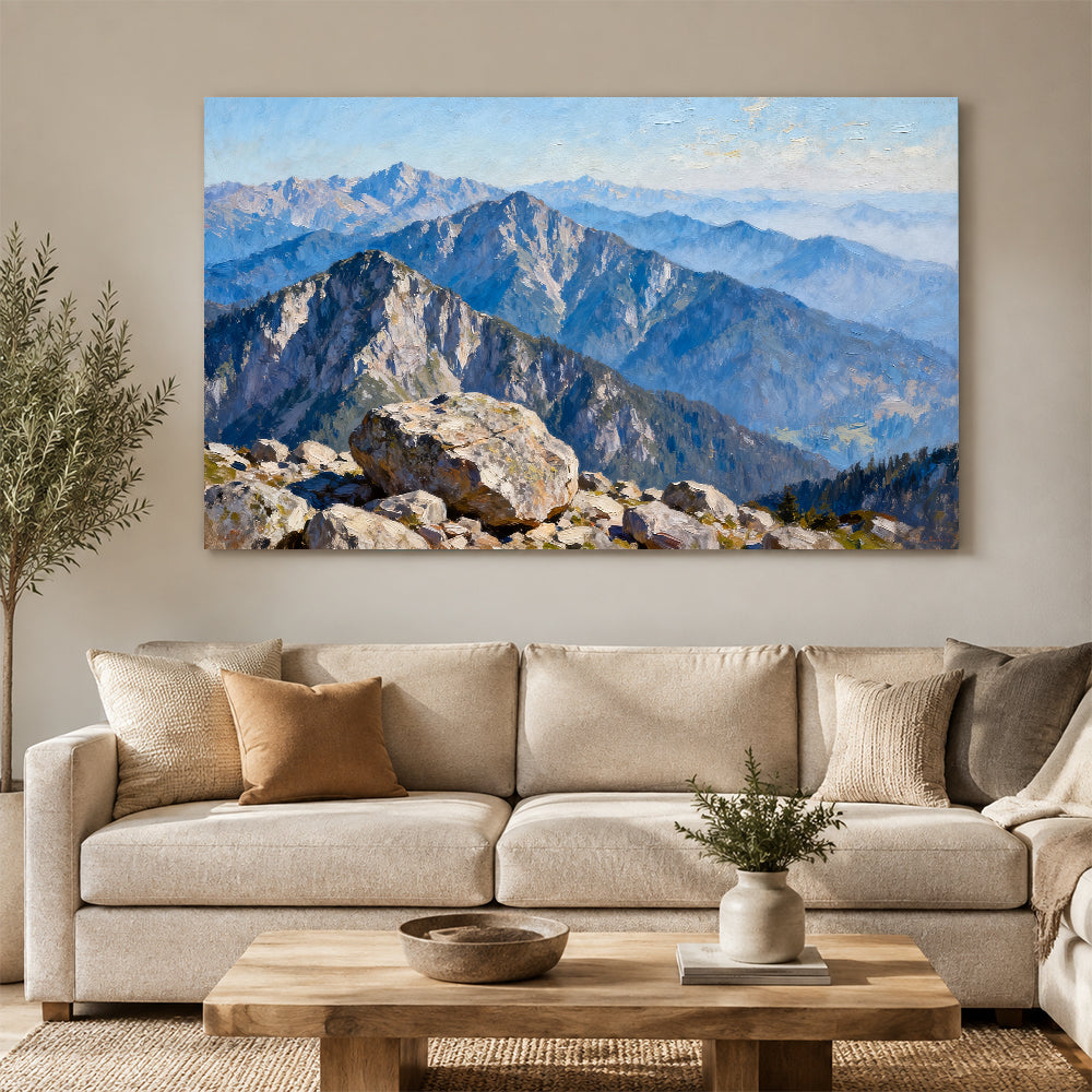Blue Alpine Ridges canvas wall art, living room mockup above a sofa.