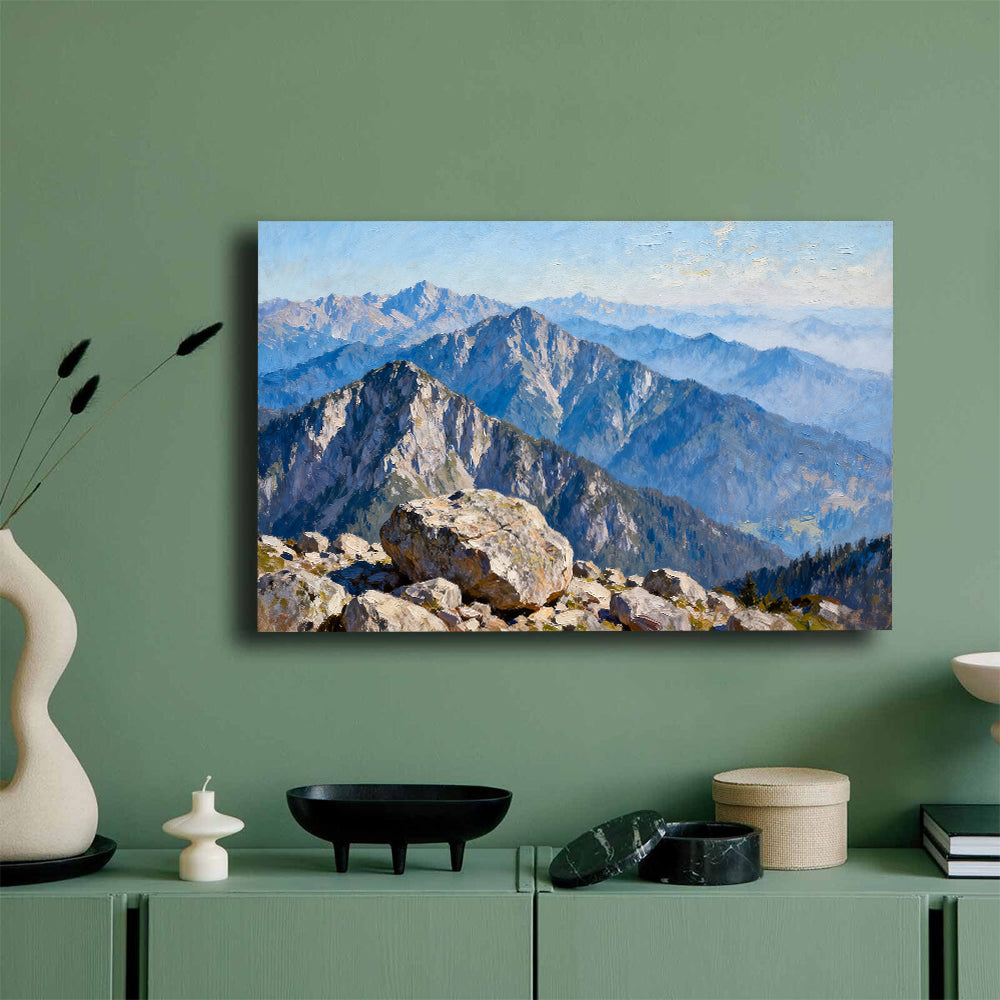Blue Alpine Ridges canvas wall art, mockup on a green wall.