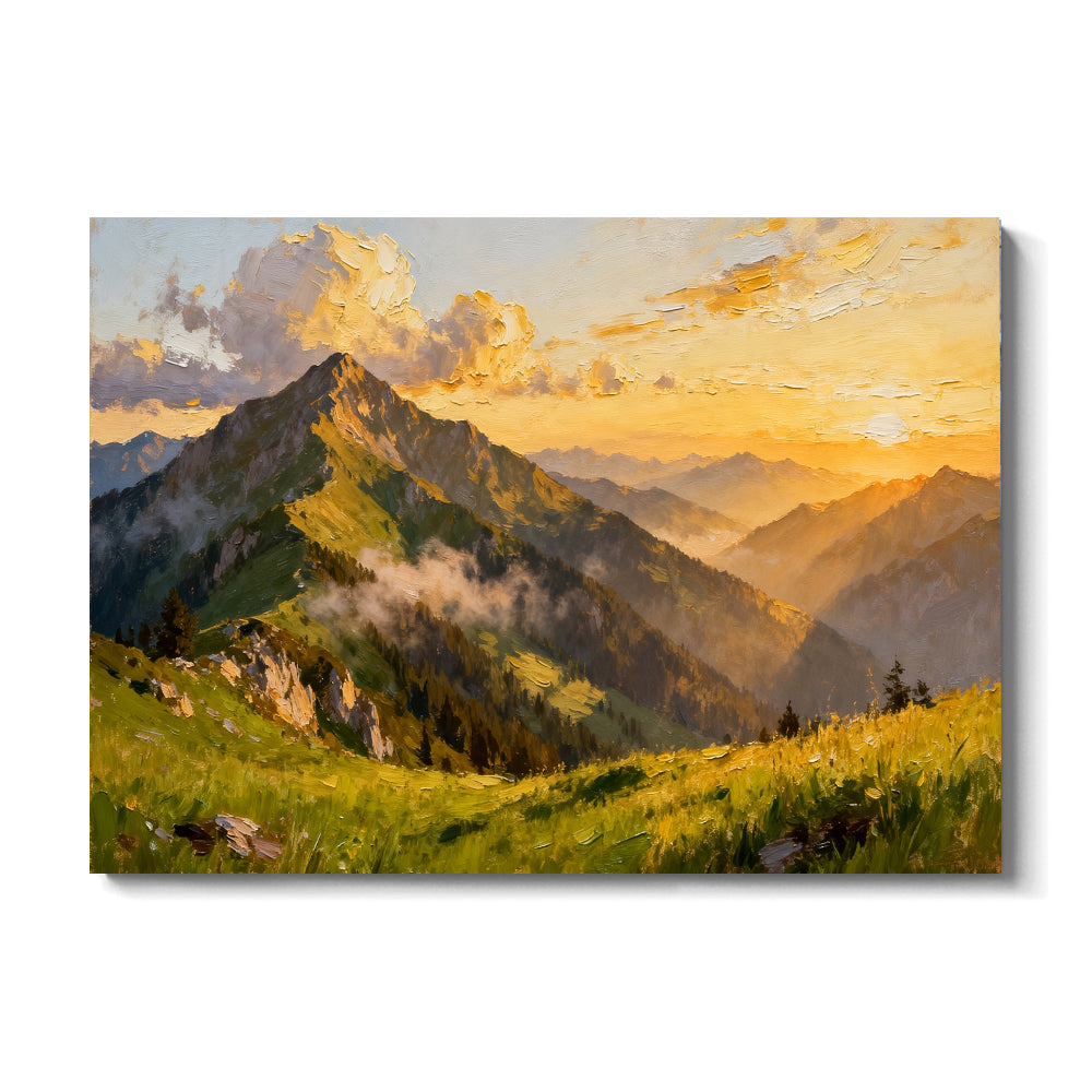 Golden Alpine Meadow canvas wall art, front view on a white background.
