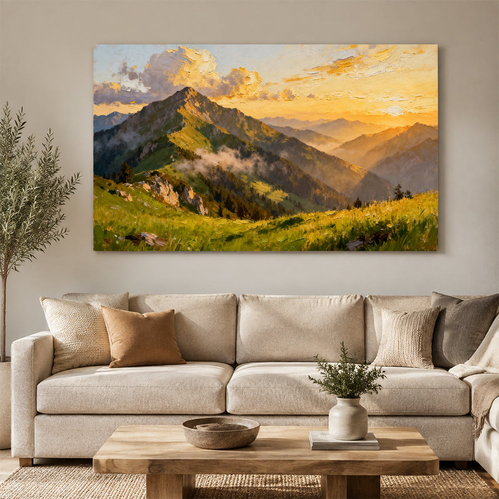 Golden Alpine Meadow canvas wall art, living room mockup above a sofa.