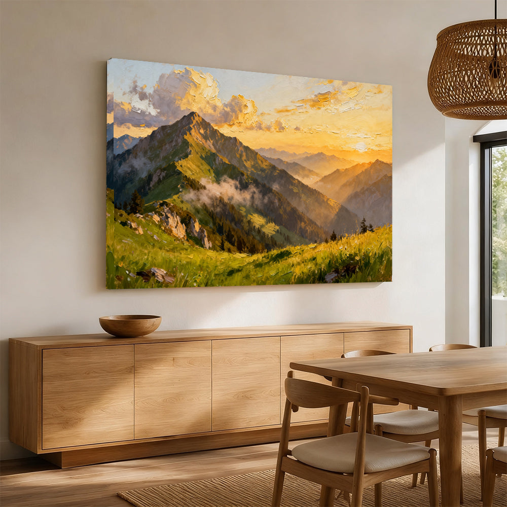 Golden Alpine Meadow canvas wall art, angled mockup above a sideboard.