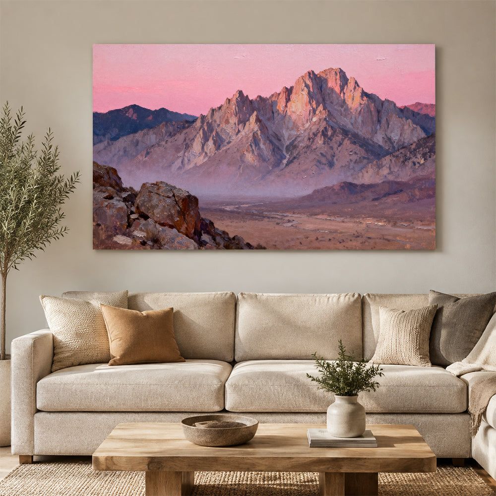 Rose Desert Peaks canvas wall art, living room mockup above a sofa.