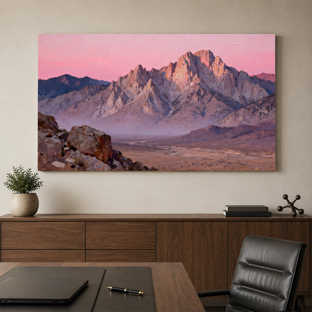 Rose Desert Peaks canvas wall art, office mockup above a desk.