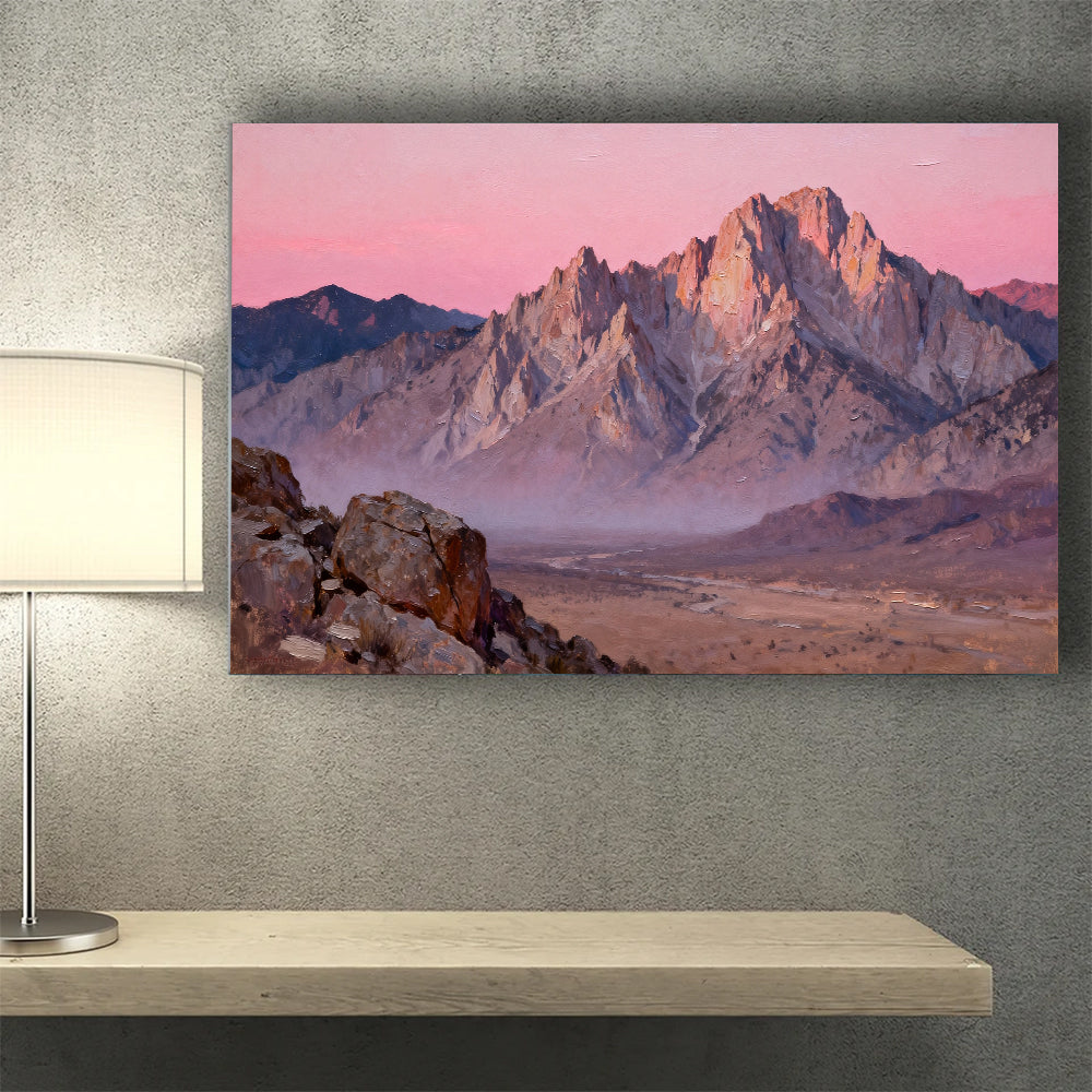 Rose Desert Peaks canvas wall art, wall mockup above a console.