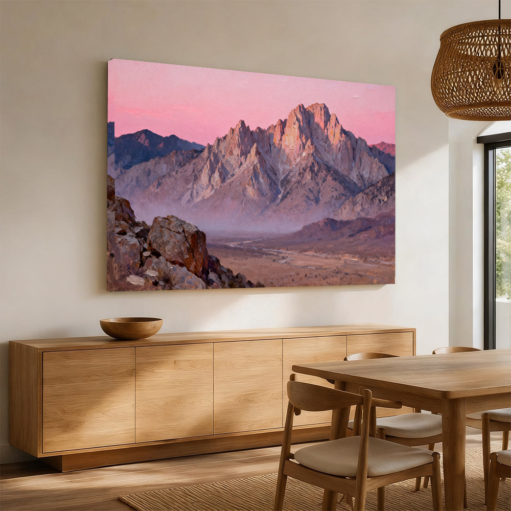 Rose Desert Peaks canvas wall art, angled mockup above a sideboard.