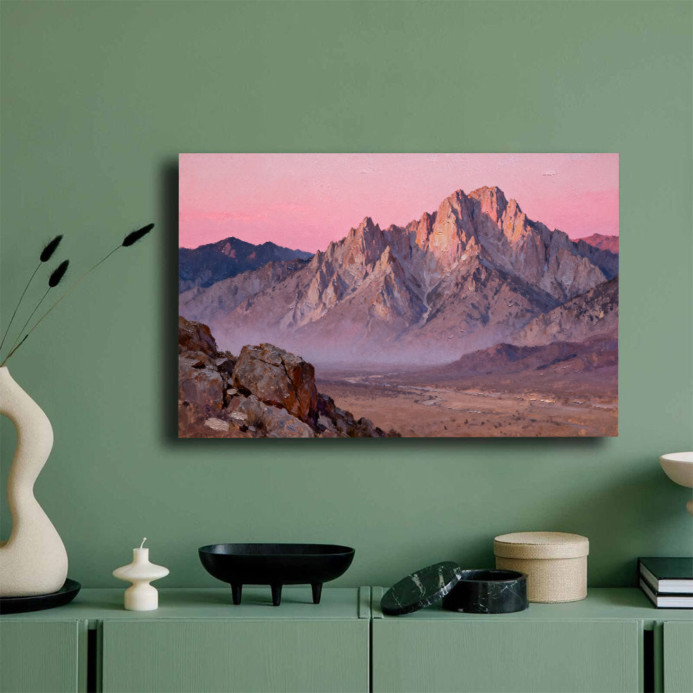 Rose Desert Peaks canvas wall art, mockup on a green wall.