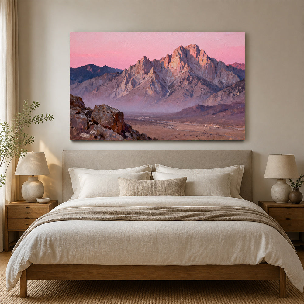 Rose Desert Peaks canvas wall art, bedroom mockup above a bed.