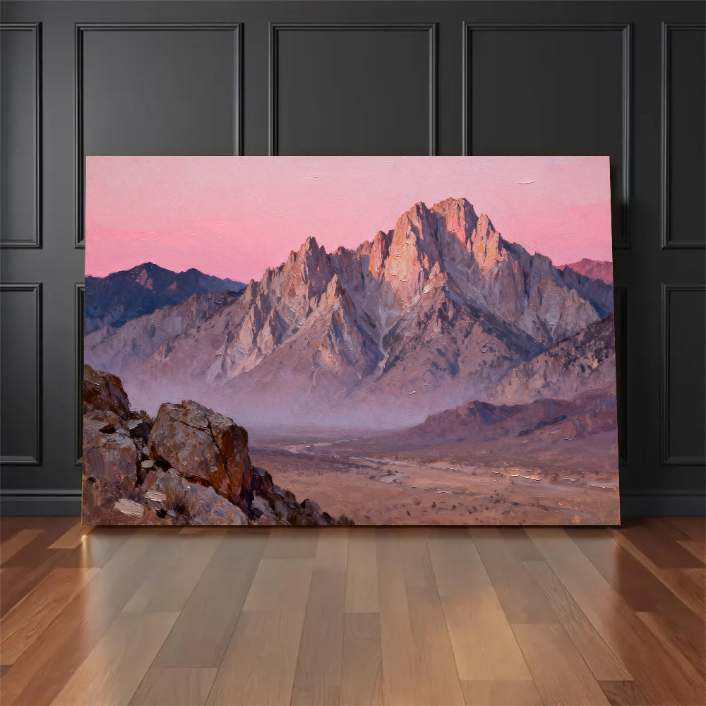 Rose Desert Peaks canvas wall art, floor display against a dark wall.
