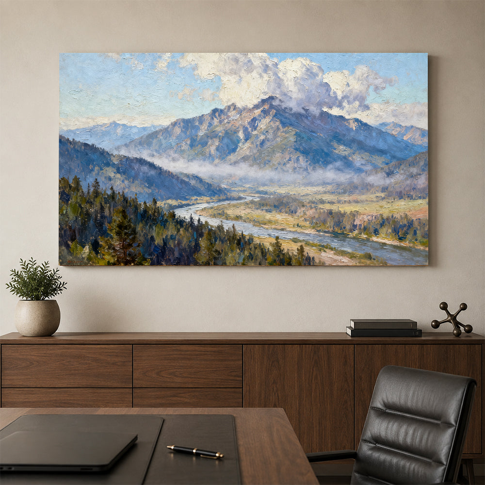 River beneath the Summit canvas wall art, office mockup above a desk.