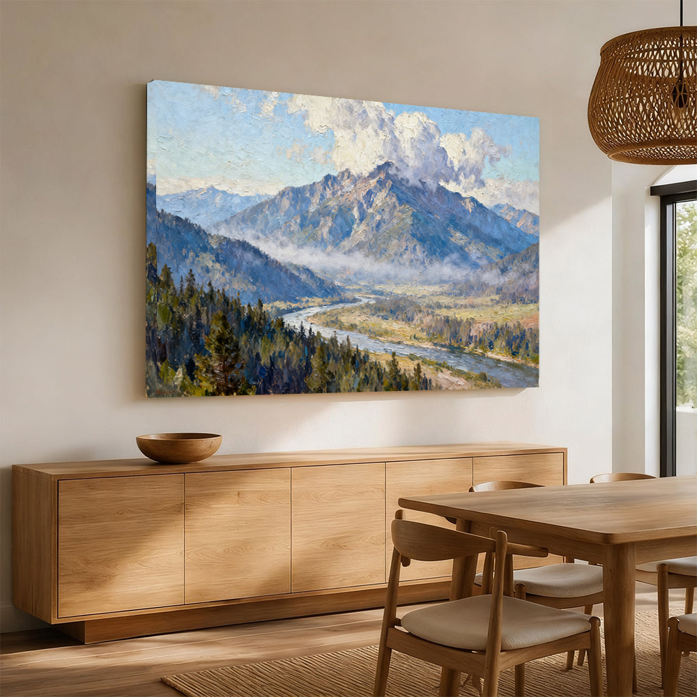 River beneath the Summit canvas wall art, angled mockup above a sideboard.