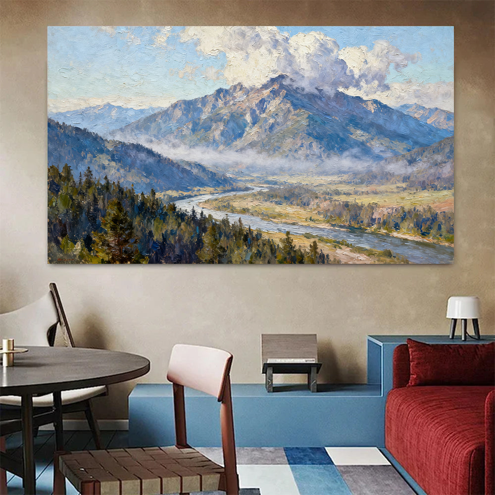 River beneath the Summit canvas wall art, colorful room mockup.