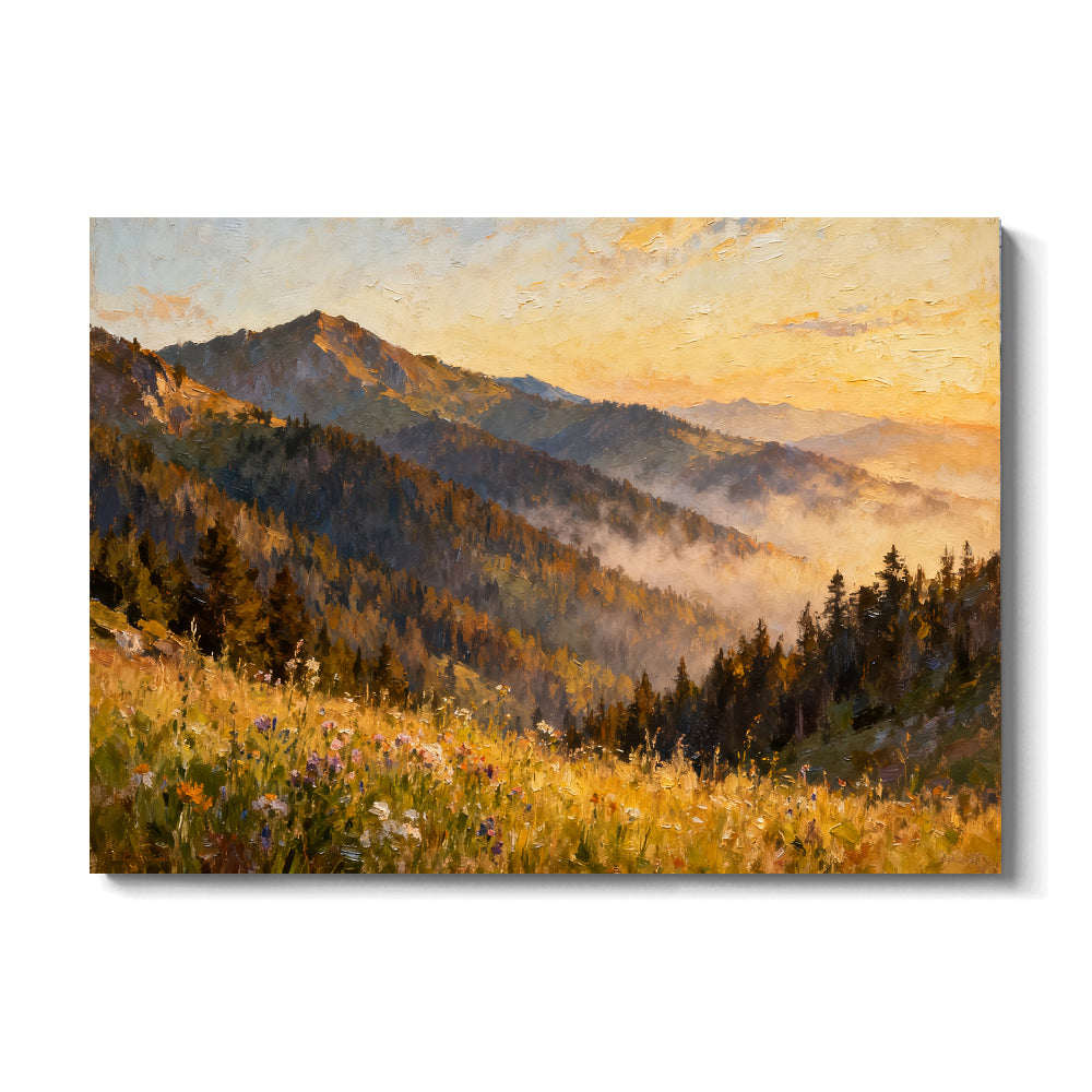 Golden Forest Foothills canvas wall art, front view on a white background.