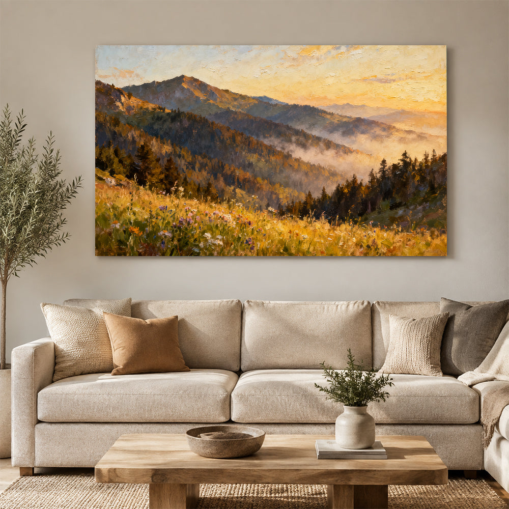 Golden Forest Foothills canvas wall art, living room mockup above a sofa.