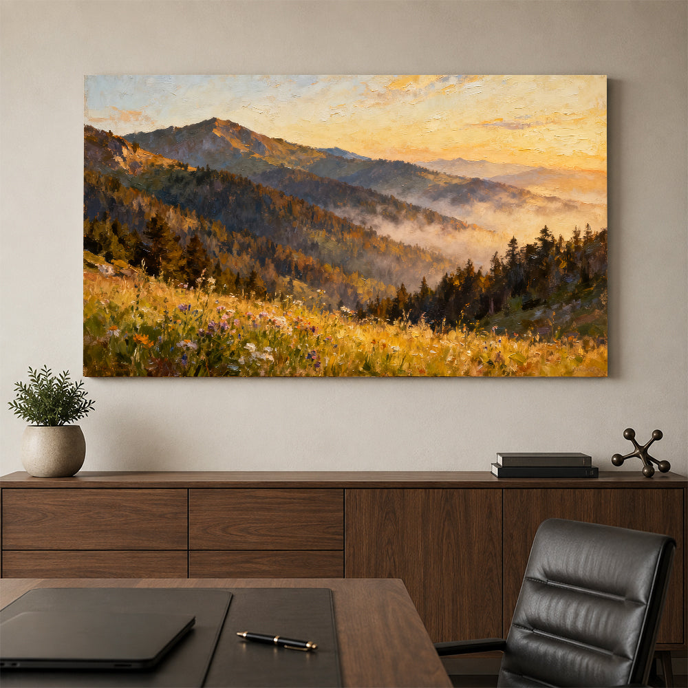 Golden Forest Foothills canvas wall art, office mockup above a desk.