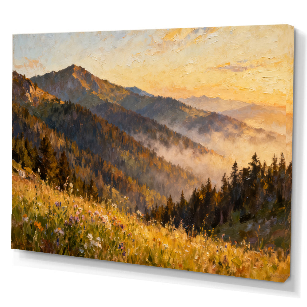 Golden Forest Foothills canvas wall art, angled canvas mockup on a white background.