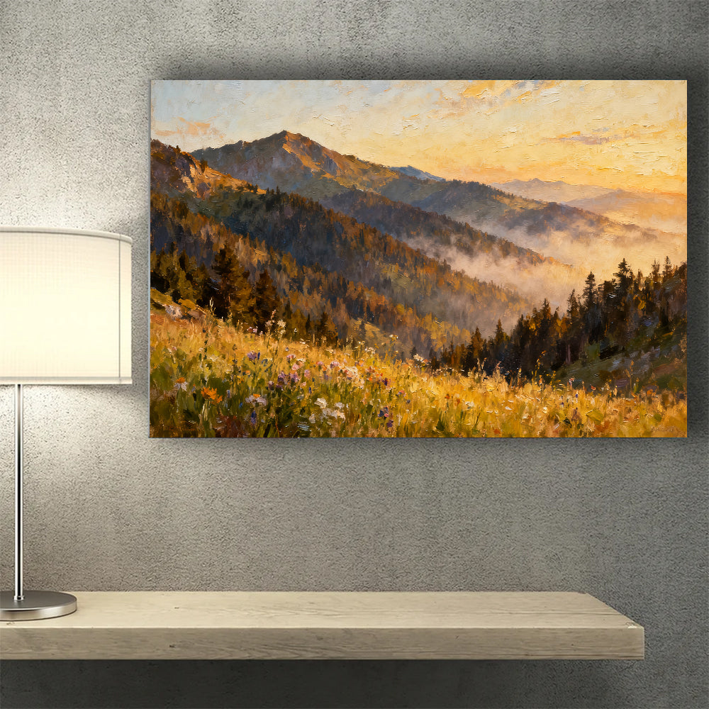 Golden Forest Foothills canvas wall art, wall mockup above a console.